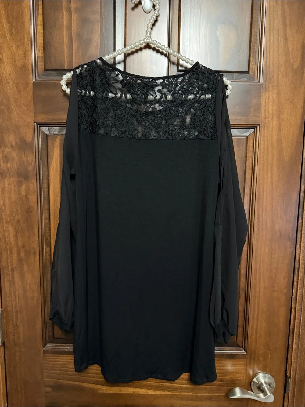 Belldini Black Lace Yoke Sheer Split-Sleeve Blouse